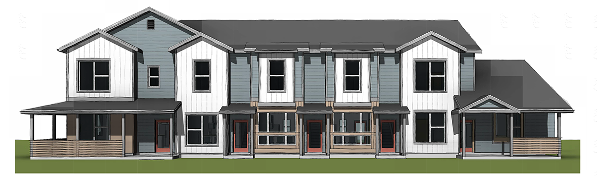 Rendering of white and gray townhomes