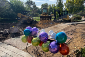 Construction site with festive decorations