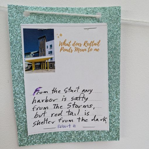 Redtail 10th Anniversary – Article Photos – Portrait (510 x 680 px) (510 x 510 px) photo of a card that says: “From the start any harbor is safety from the storms, but Redtail is shelter from the dark.”